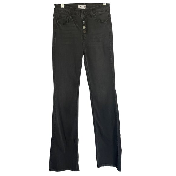 Cello Black High Waisted Button Fly Flare Jeans Womens JR Size 3 Frayed Hem - Picture 1 of 8